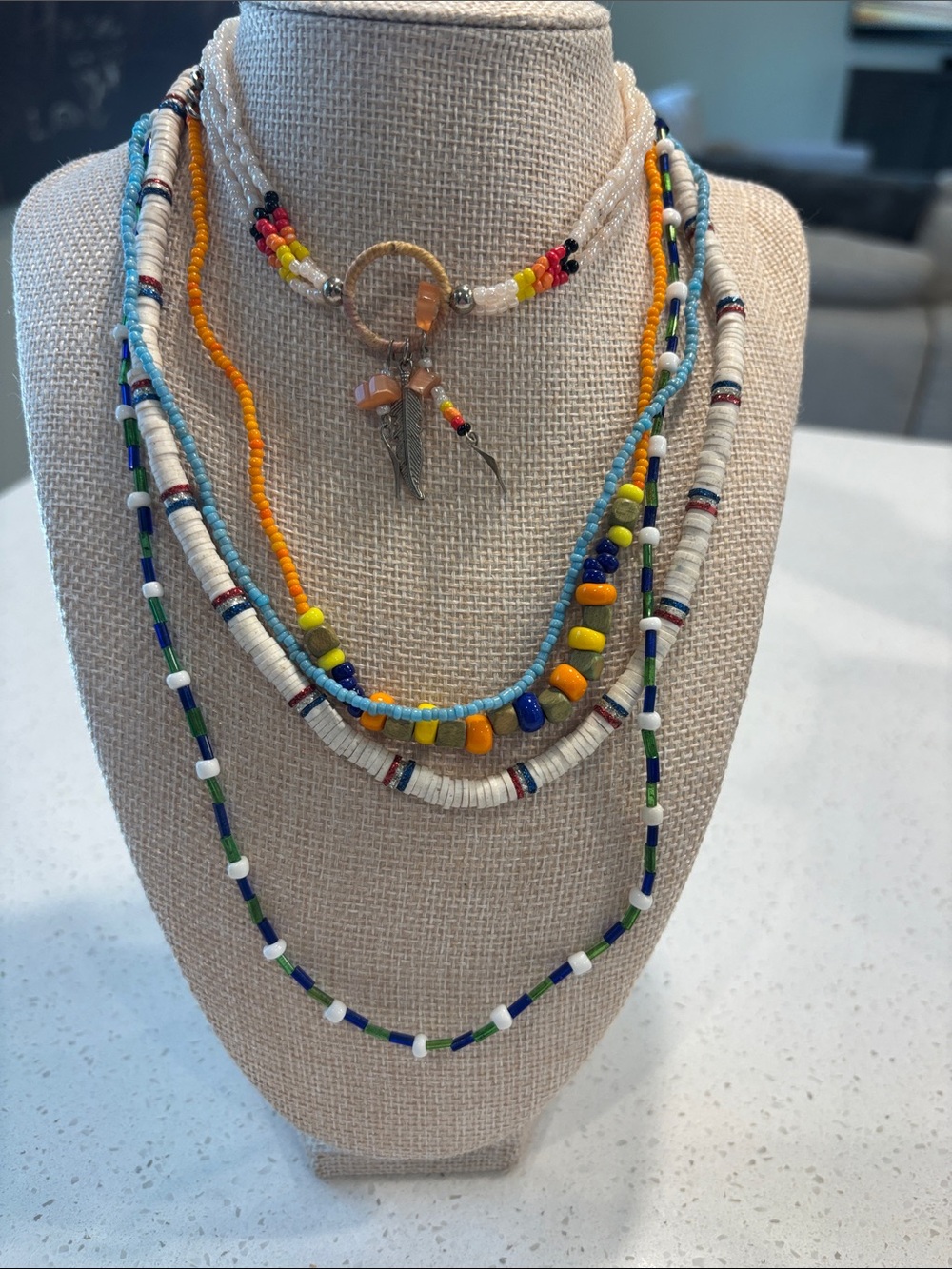 Vintage Boho Beaded Necklace Lot - 5pc Multi-Strand Layering Set, Dreamcatcher C